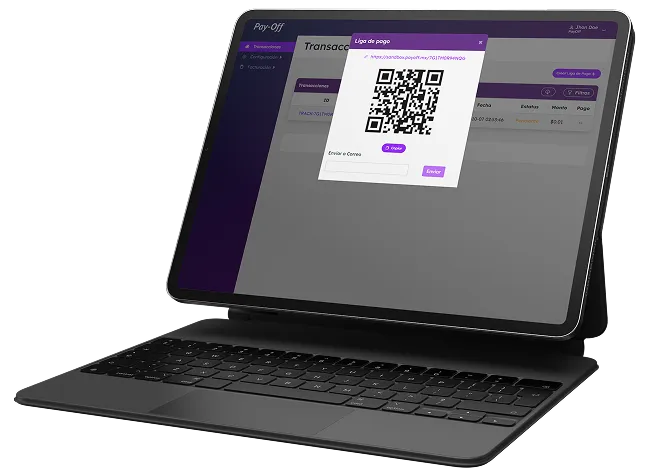 Pay-Off en iPad mostrando liga de pago con código QR
