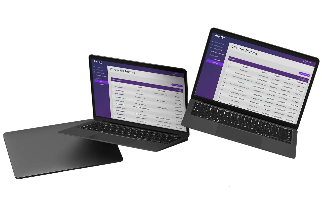 Pay-Off en dos laptops mostrando Productos y Clientes