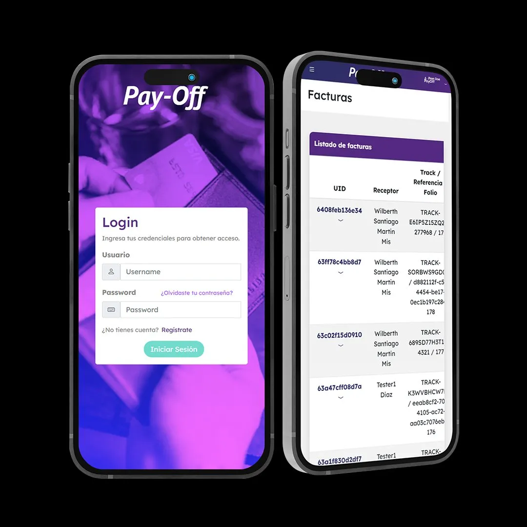 Pay-Off en dos iPhones — Login y Listado de Facturas